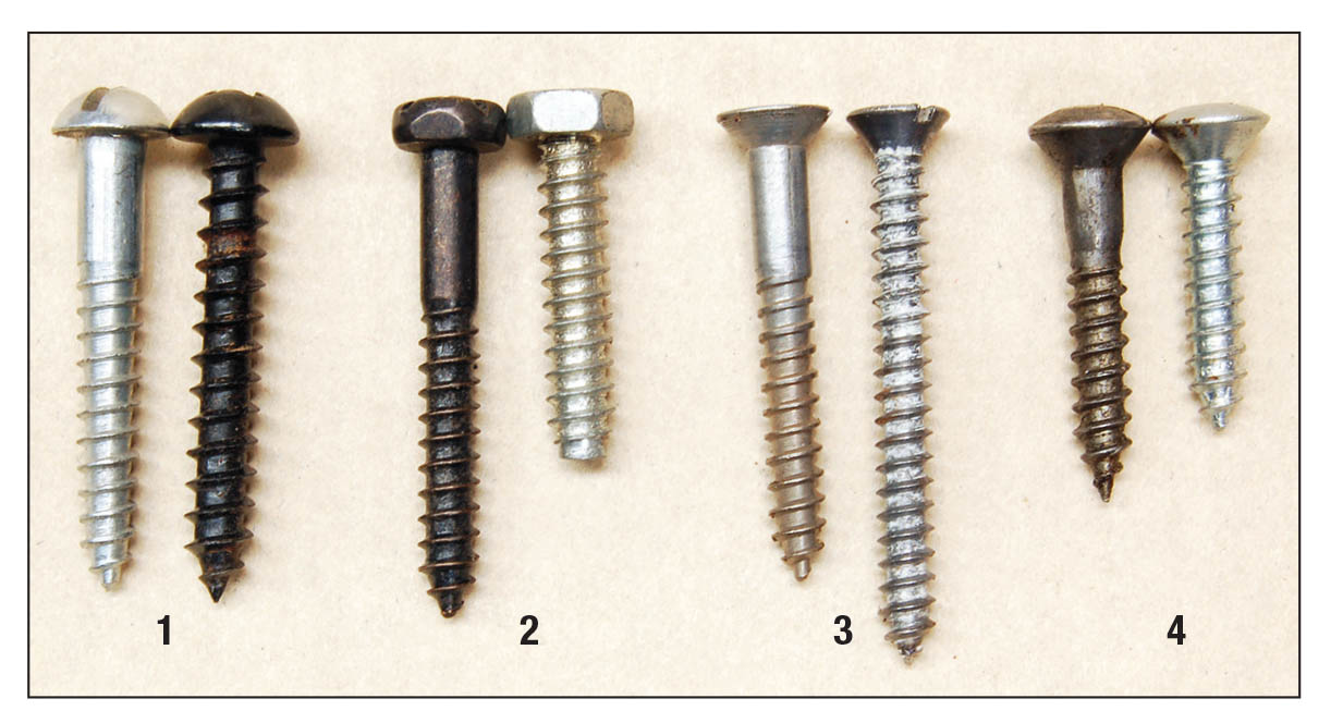 These are head forms for screws used in wood. A true wood screw is on the left of each pair, a self-tapping screw is on the right. (1) Round head, (2) hex head, (3) flat head and (4) oval head. Sets numbered 1 and 2 are never used on guns.